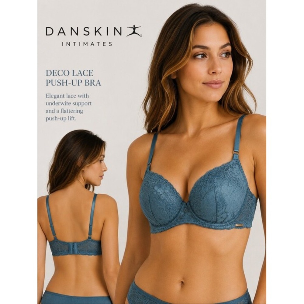 Danskin Intimates Deco Jade Lace Push Up Bra Blue‎ 36B NEW